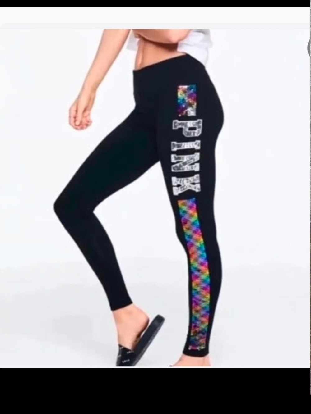 PINK Victoria's Secret Black Leggings with Rainbow Holographic Side Panel